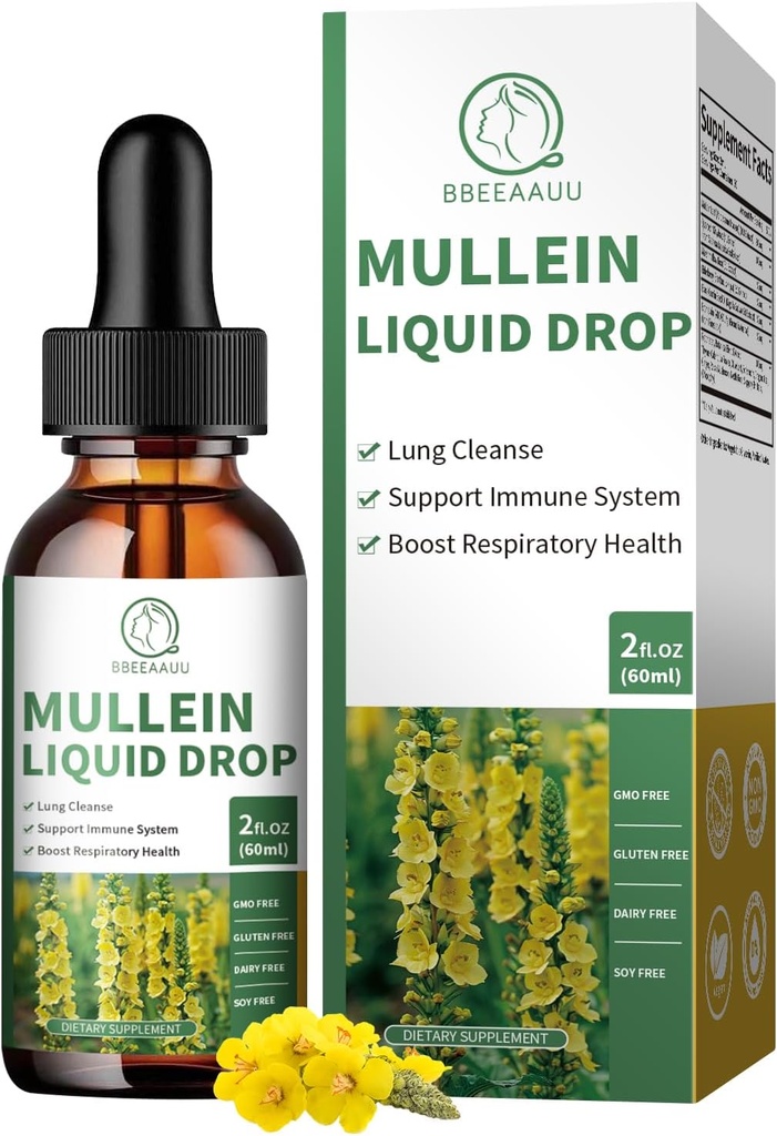 Mullein Drops for Lungs, 16- in-1 Mullein Leaf Extract for Lung Cleanse, oddechowy, Immunitet, z Quercetin, Marshmallow, Czarny Kmin Seed, Elderberry, Mullein Liquid, Non-GMO, 2 Fl Oz