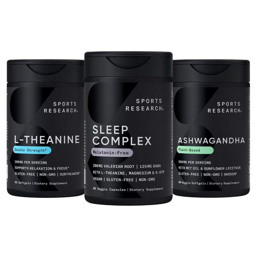 Sports Research Sleep Complex Melatonin - Wolne Vegan Kapsułki, Podwójna Siła L- Theanine Suplement dla Focus, Relaxation & Alertness i Ashwagandha Softgels dla Relaxation, Calm & Sleep Support