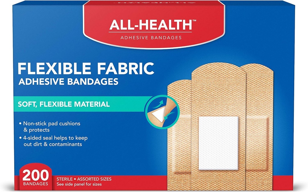 All Health Adhesive Fabric Bandages, 200 Count Assorted Sizes | Soft, Flexible Material | Protection for First Aid and Wound Care