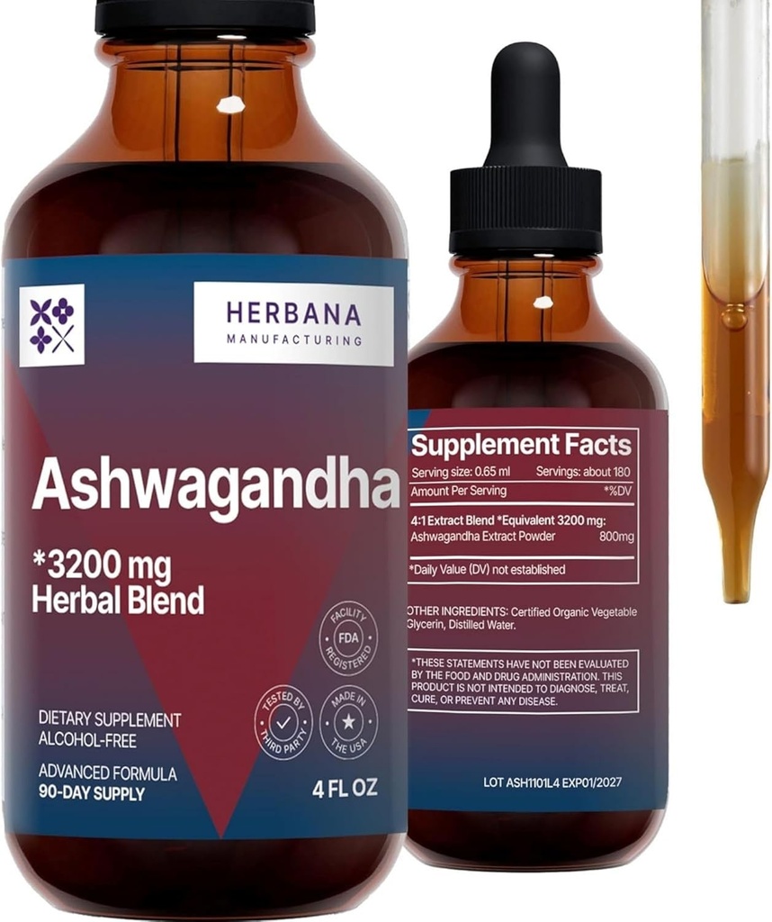 HERBANA WYTWÓRCA Ashwagandha Liquid Drops Extract - Naczynie do odzysku mięśni - Withania Somnifera Drops - Wysoka moc