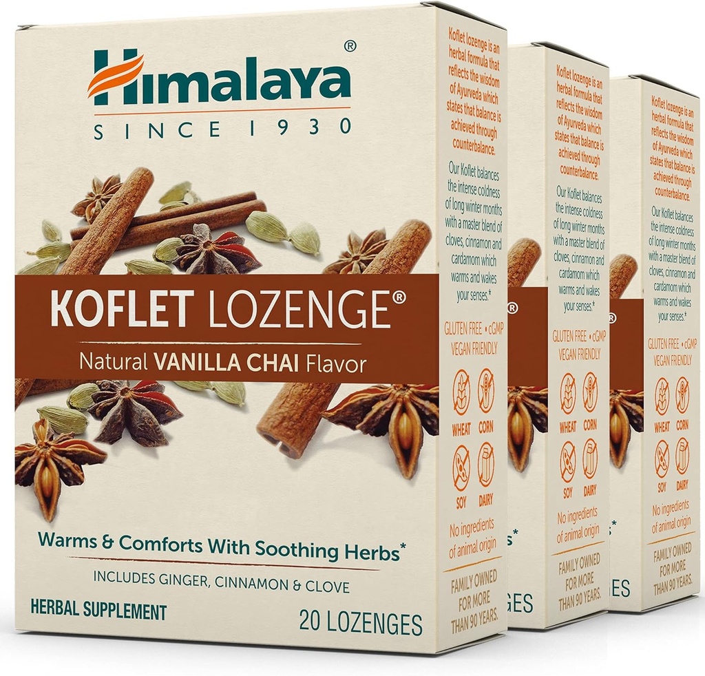 Himalaya Koflet Lozenges, Vanilla Chai Flavor, Natural Herbal Cough Drop for Warming Relief and Soothing Comfort, 130 mg, 20 Lozenges, 3 Pack