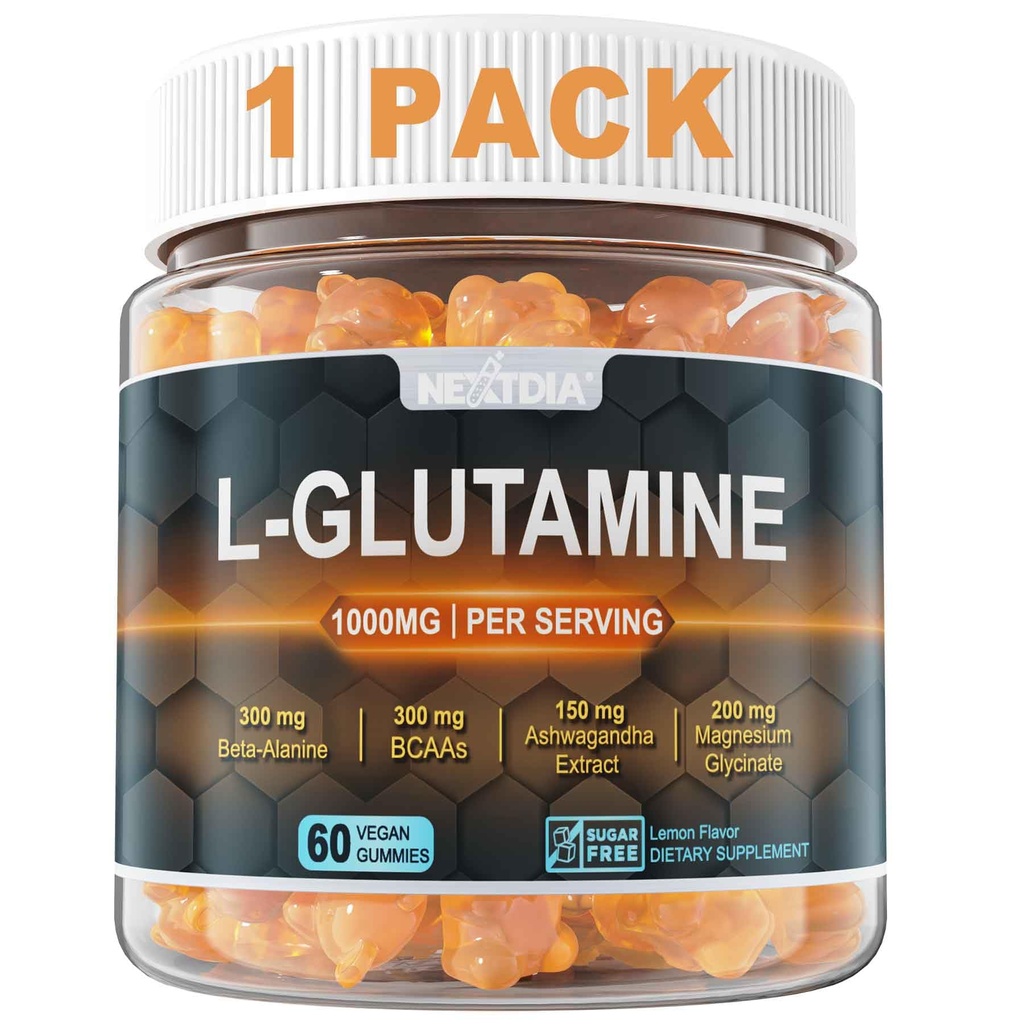 L- Glutamine 1000mg Gummie dla kobiet i mężczyzn 124; z Beta- Alanine, BCAA, Glycinate magnezu, Potasu & Ashwagandha 124; Wegan 124; Bez cukru & Extra- Chewy