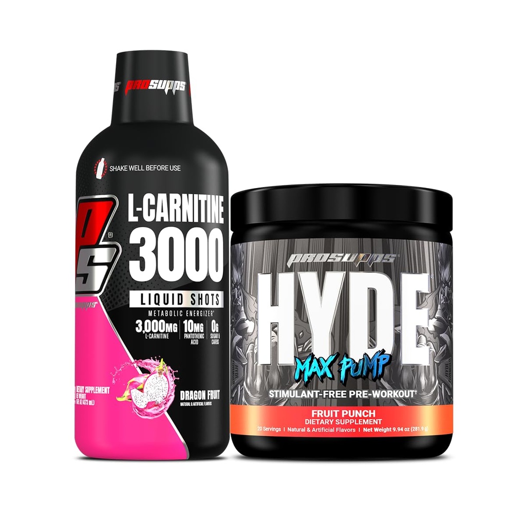 PROSUPPS L- Carnitine 3000 Stymulant Free Liquid Shots (Dragon Fruit) i Hyde Max Pump Pre Workout dla mężczyzn i kobiet (Fruit Punch) Bundle