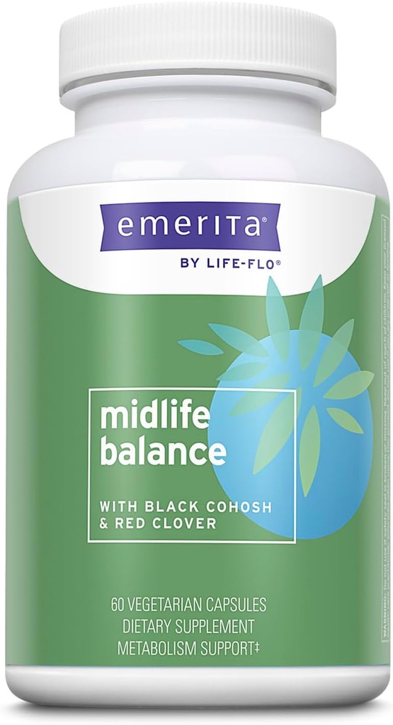 Emerita by Life- flo Midlife Balance, Menopauza Supplements for Women, Zdrowe wsparcie równowagi z Black Cohosh i Red Clover, 60- Day Guarantee, Nie testowane na zwierzętach, 30 Sług, 60 VegCaps