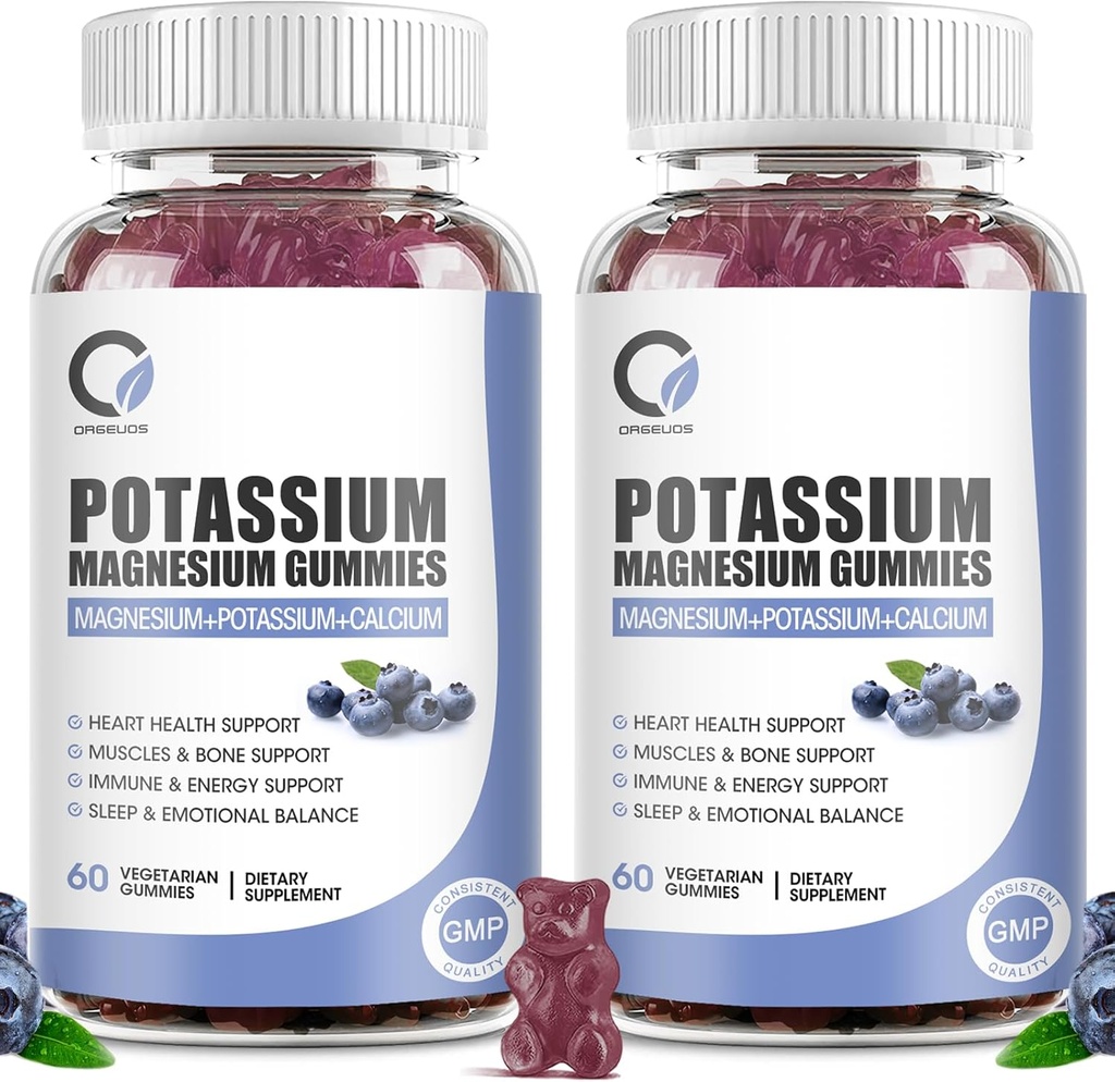 2 Pack Potassium Magnesium Gummies with Potassium Ctrate 200 mg, Magnesium Glycinate 320 mg Plus Calcium, Zinc, Vitamin - Potassium Supplements for Leg Cramps, Heart, Muscles Health Support