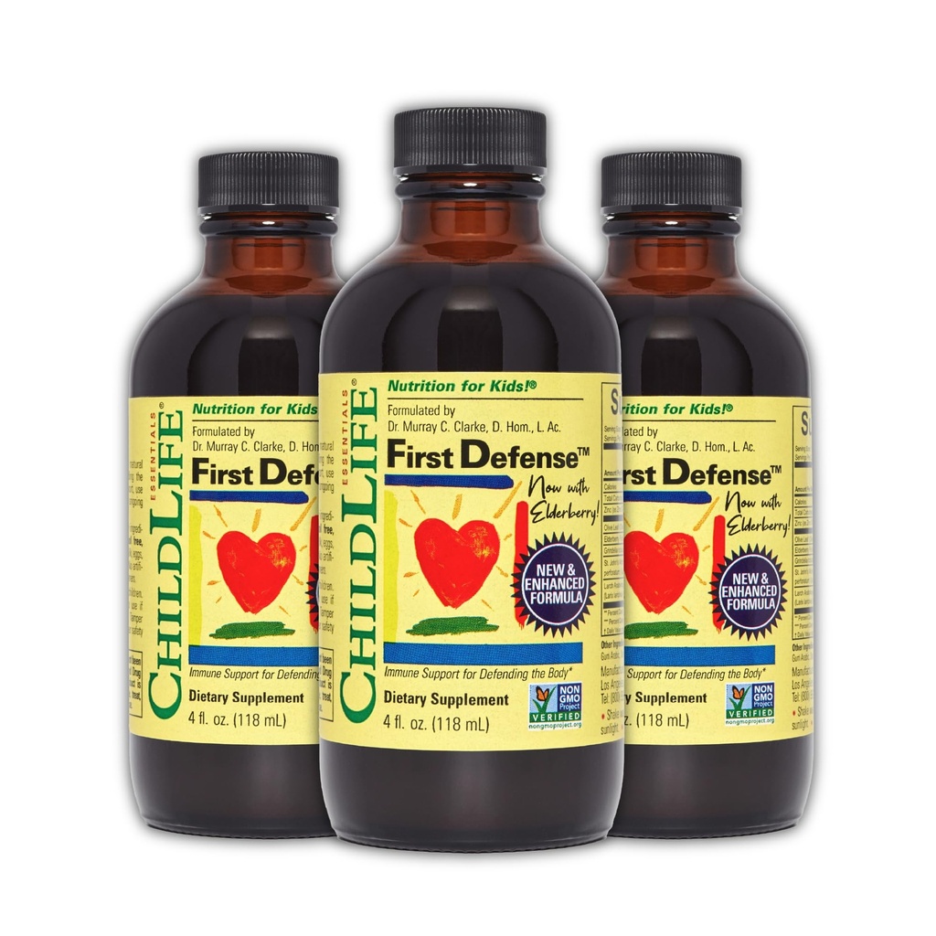 ChildLIFE ESCENTIALS Pierwsza Obrona - Dzieci Wsparcie immunologiczne, Wsparcie immunologiczne dla dzieci, Toddlers 1-3, Dzieci 6 Miesiące +, Syrop witaminowy z Elderberry, Cynk, Nie GMO, Gluten Free - 4 Fl Oz (Opakowanie 3)