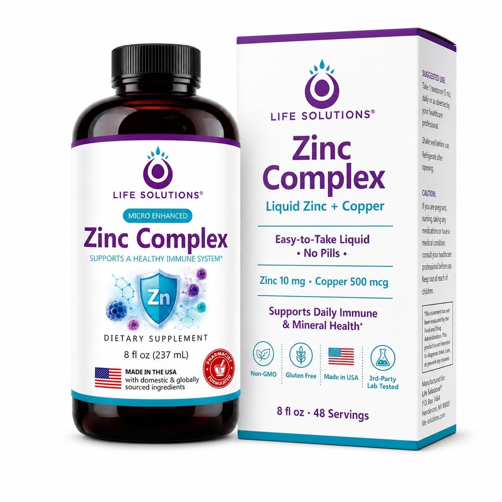 Life Solutions Cynk Complex - Glukonian cynku i Glukonian miedzi do optymalnego wsparcia immunologicznego & Zdrowie - Wysoka receptura absorpcyjna - Płyn 8oz-