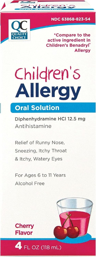 Quality Choice Children 's Alergy Medicine, Non- Drowsy Liquid Antihistamine Solution. Alkohol Wolna Cherry Flavor Aktywna difenhydramina do kaszlu, Runny Nos, Swędzenie oczu i Gardło Relief 4 oz