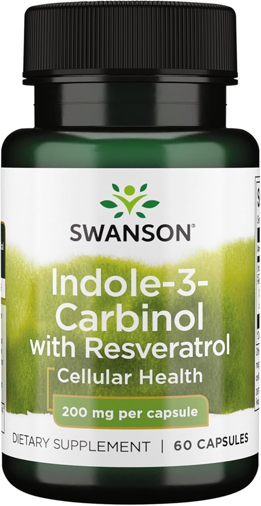 Swanson Indole- 3- Carbinol z Resveratrol - Suplement I3C Promowanie ochrony komórek - Naturalny suplement, aby pomóc utrzymać zdrowy hormon równowagi - (60 kapsułki, 200mg każdy)