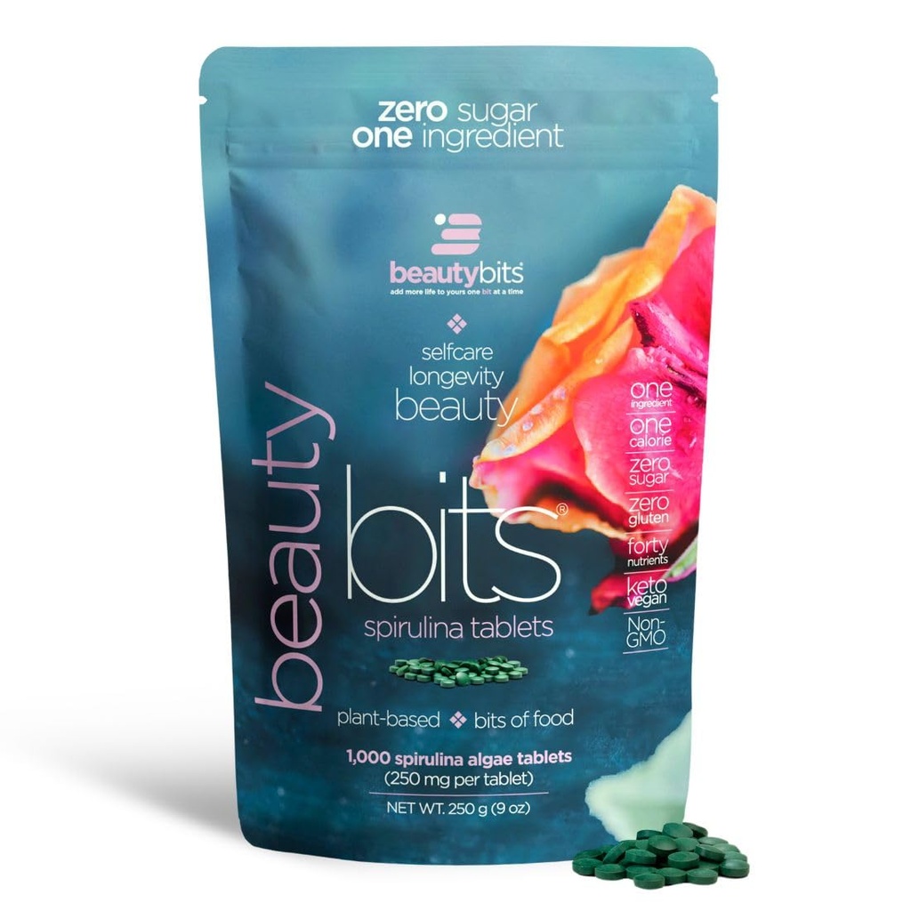 BEAUTYbits - Organic Spirulina Tablets - Algae Superfood - Kolagen, Białko, Chlorofil - Włosy, paznokcie, & Pielęgnacja skóry - Wegan, Keto, Gluten Free - Self Care - Skincare Beauty Gifts - 1000 tabletek
