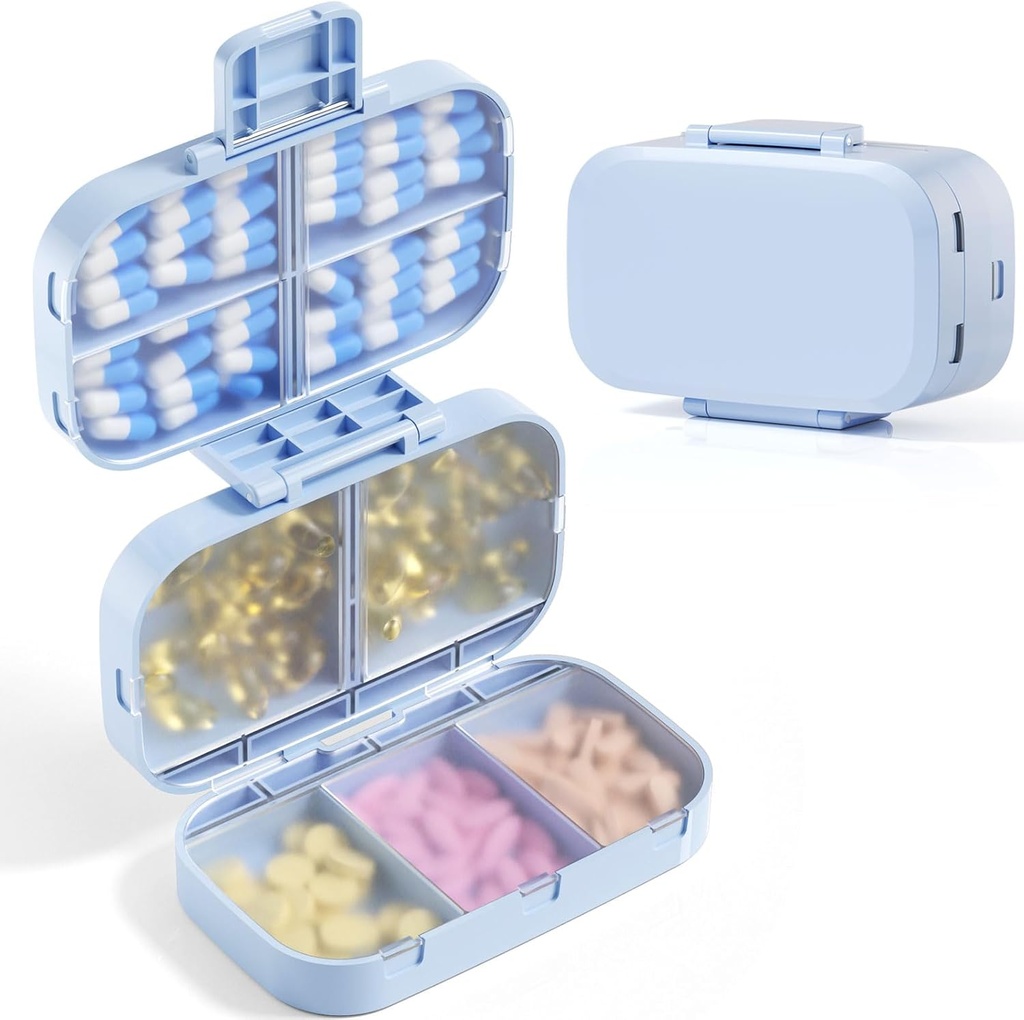 MEACOLIA Triple Folding Pill Organizator, 9 Komory Travel Pill Case o dużej pojemności, Codzienne Pudełko Pill Mały pojemnik na pióro witaminy, Olej z wątroby dorsza, Suplementy (niebieski)