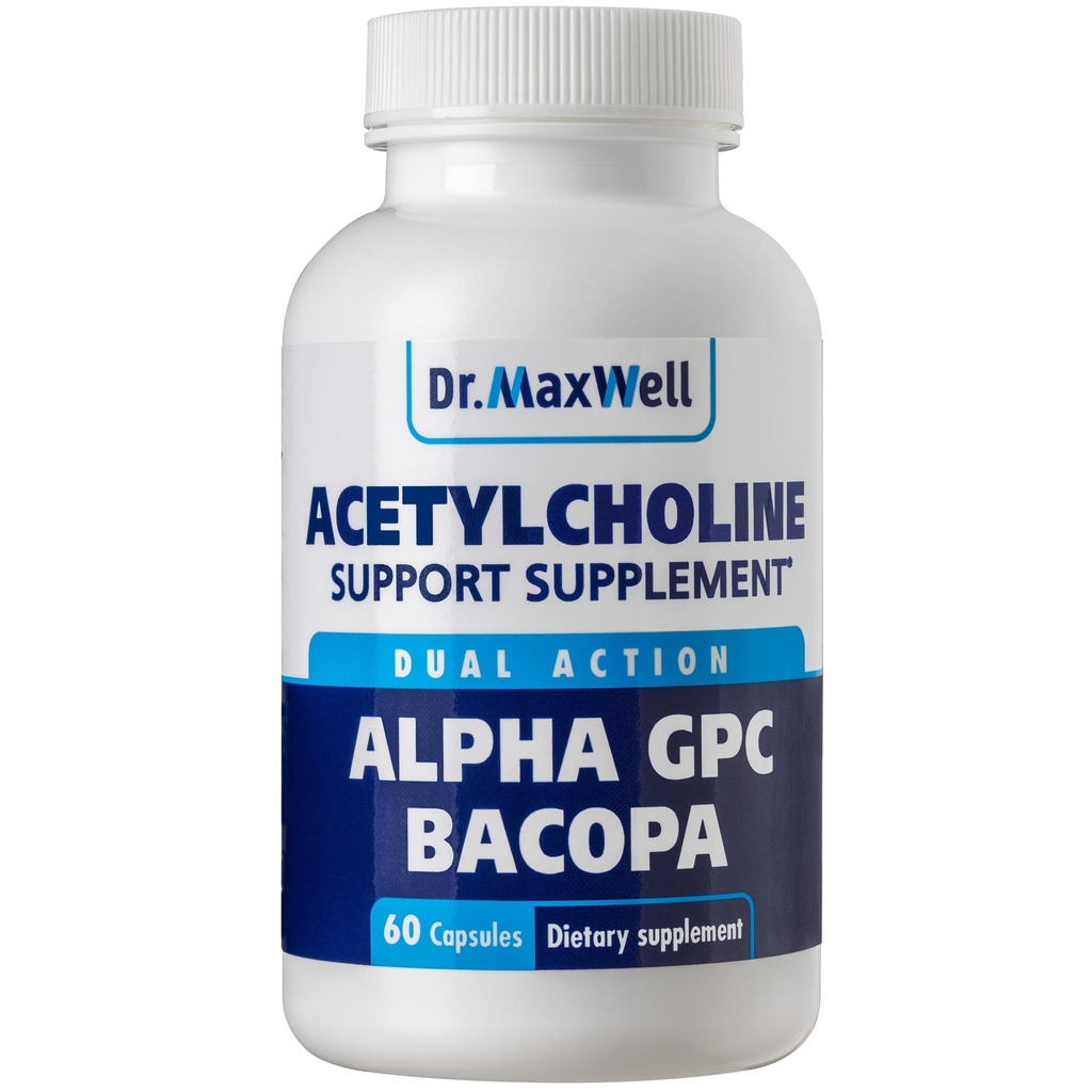 Acetylocholina, Alpha GPC Choline 600mg + Bacopa, Better than Each Alone. Bardziej niezawodny Acetylocholina (Wspomaga Pamięć i Nauka) Suplement, 60 Kapsułki
