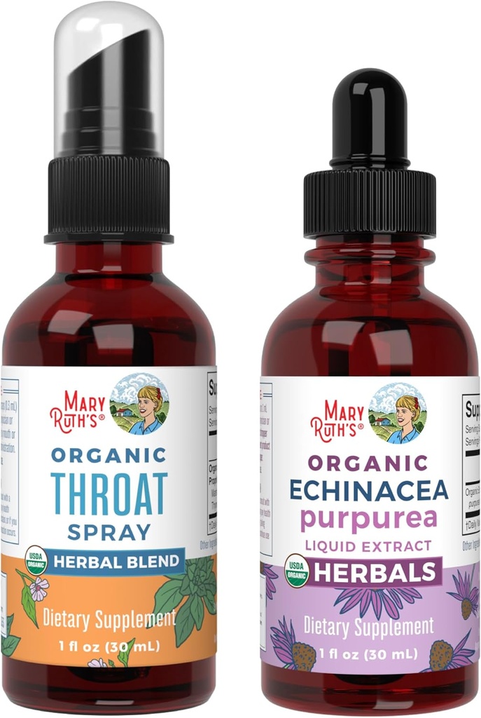 MaryRuth Organic Throat Spray (Unflavored) & Echinacea Purpurea Krople 124; USDA Organic, Clean Label Project Verified ® Revidence 124; Vitamin for Throat Relief, Immunitet & Ogólne zdrowie 124; Vegan, Non-GMO