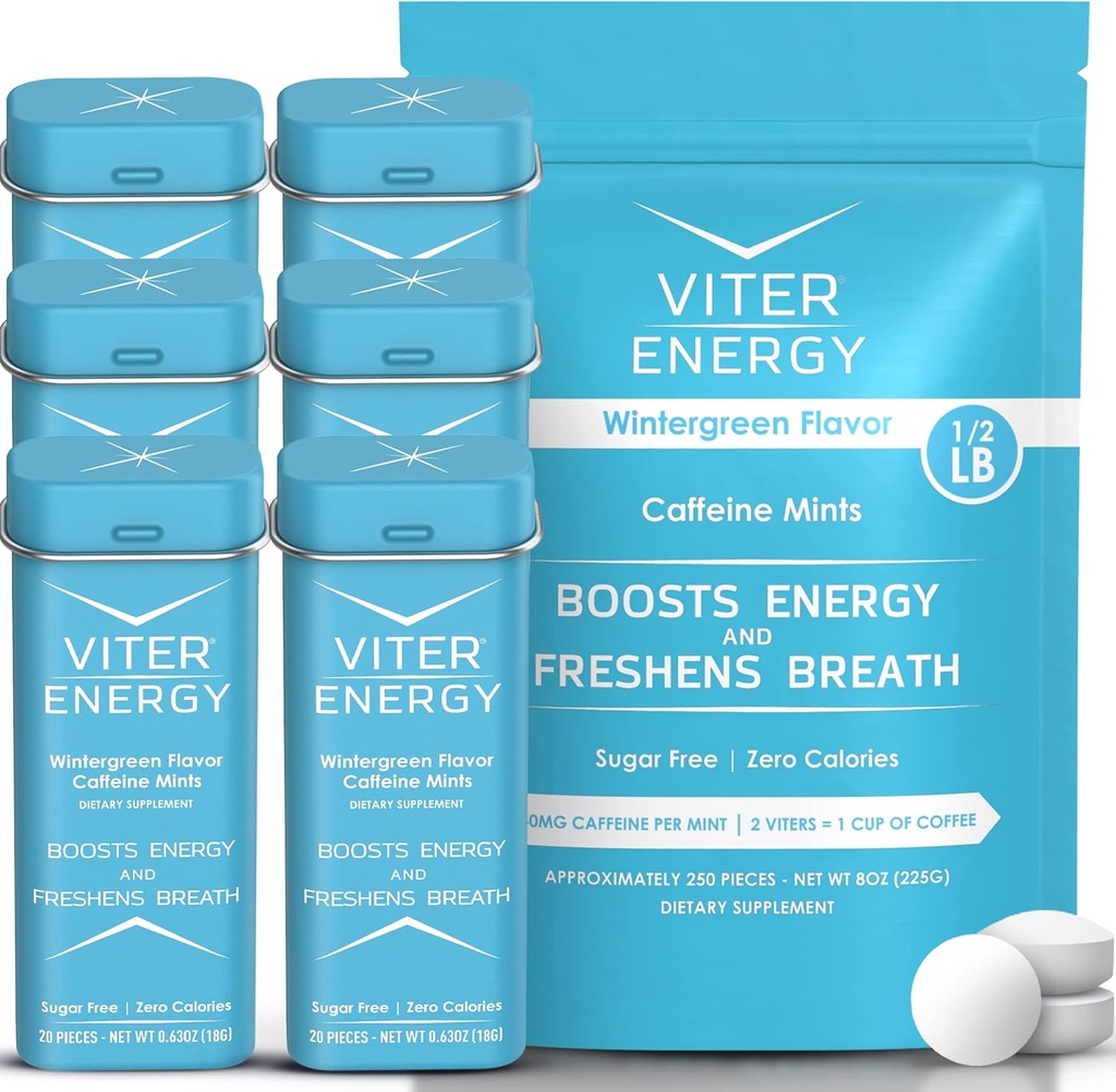 Viter Energy Original Cafeline Mints Wintergreen Flavor 6 Pack and 1 / 2 Pound Bulk Bag Bundle - 40mg Cafeline, B Vitamin, Sugar Free, Wegan, Potężny booster energii dla Focus i Alertness