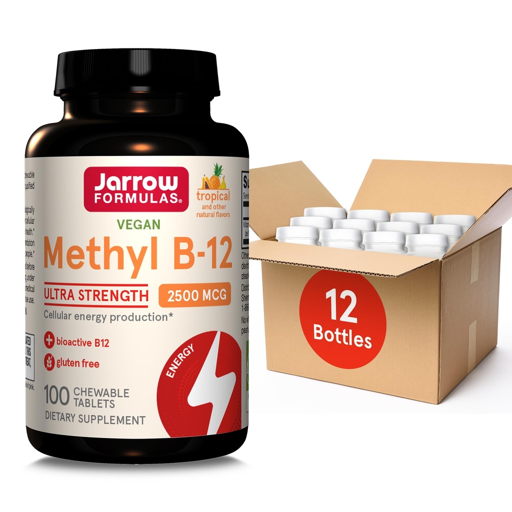 Jarrow Figures Ultra Siła metylowa B- 12, Suplement diety do produkcji energii komórkowej, 100 Tropical- Smakowane tabletki do żucia, Do 100 Day Supply, Opakowanie po 12