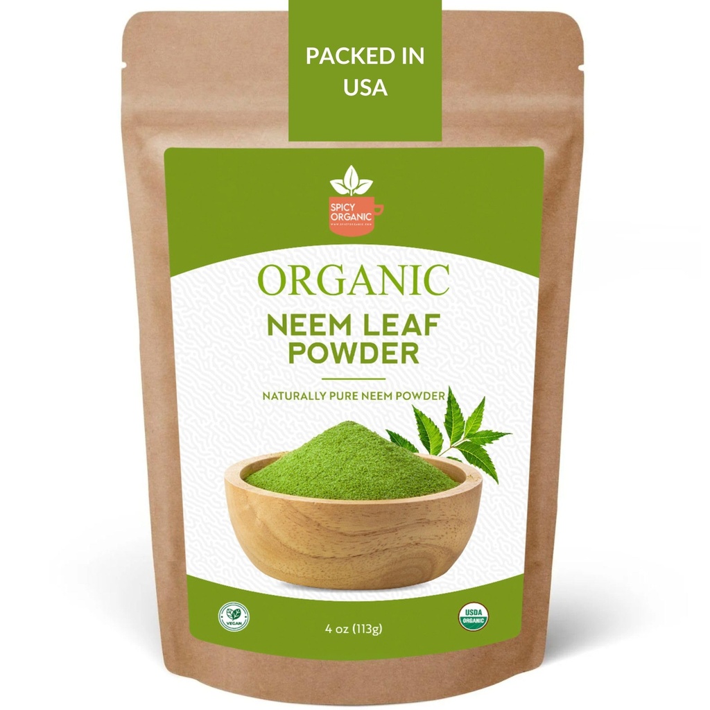SPICY ORGANIC Neem Proszek - 4 oz. - Certified USDA Organic -Non-GMO - Świeże suszone Neem Leaves Proszek dla zdrowych włosów i skóry - Azadirachta Indica Ayurvedic Herb dla ogólnego Wellbeing
