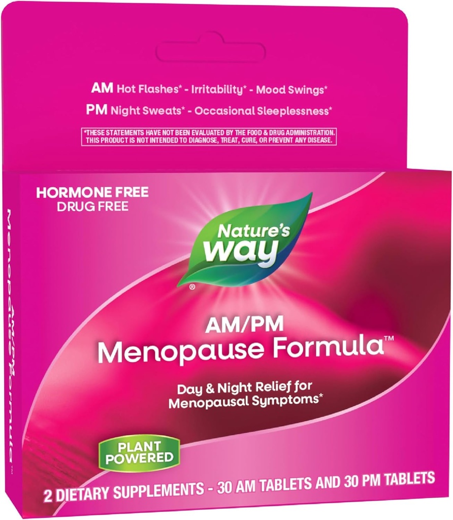 Nature 's Way AM / PM Menopauza Suplementy dla kobiet, Hot Flash Relief *, Nocne poty *, Resteful Sleep *, Mood Swings *, Hormone-Free Formuły z Black Cohosh, Theanine, Valerian, 60 Tabletki