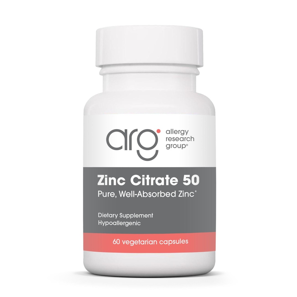 Alergia Research Group Cynk Citrate Supplement - Cynk dla mężczyzn i kobiet, Wsparcie immunologiczne, Czysty, Well- Absorbowany, Well- Tolerated, Ślad mineralny, 50mg Kapsułki wegetariańskie - 60 Hrabia