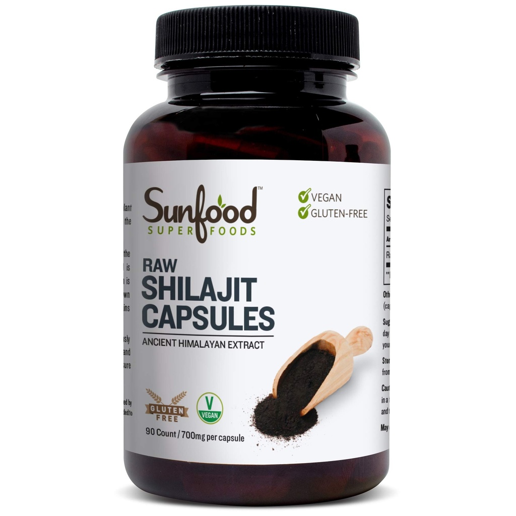 Sunfood Superfoods Shilajit kapsułki - Czysta Shilajit Resin dla kobiet i mężczyzn, starożytny Himalayan Extract z kwasem Fulvic, Minerały, Shilajit proszkowe tabletki - 90 kapsułki