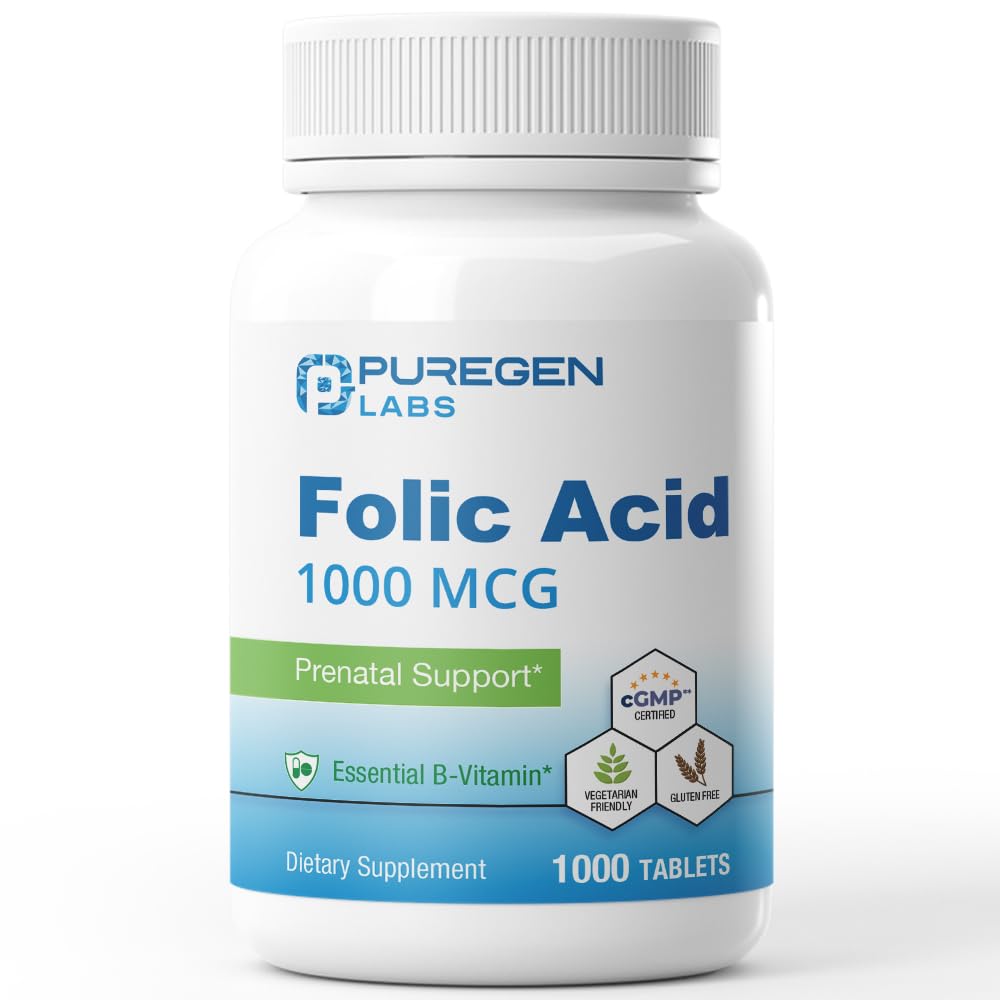 Puregen Labs Folic Acid 1000 µg Tabletki 124; Witamina B9 Tabletki 124; Non-GMO Tabletki 124; Gluten Bezpłatne 124; Wyprodukowane w USA Tabletki 124; Rozmiar wartości 1000 Tabletki