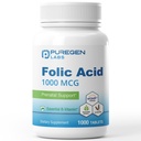 Puregen Labs Folic Acid 1000 µg Tabletki 124; Witamina B9 Tabletki 124; Non-GMO Tabletki 124; Gluten Bezpłatne 124; Wyprodukowane w USA Tabletki 124; Rozmiar wartości 1000 Tabletki