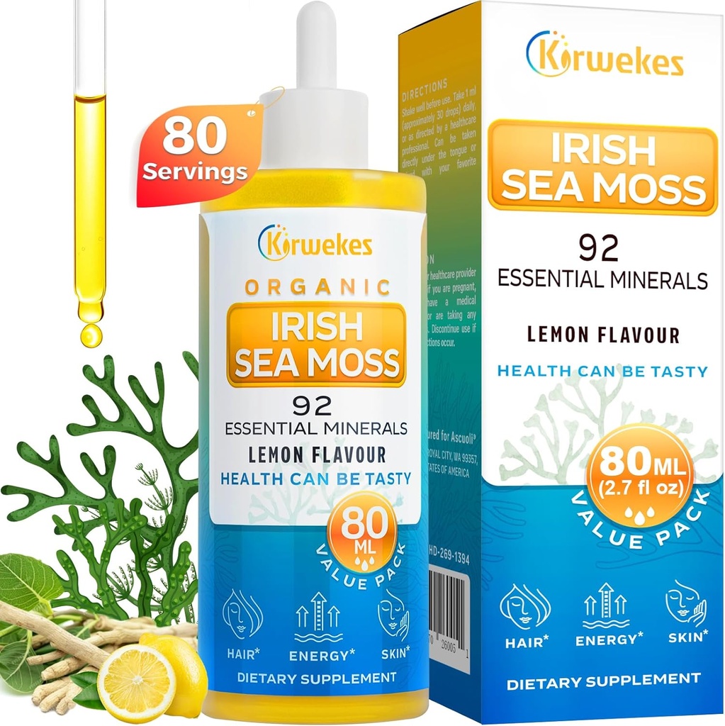 Sea Moss & Ashwagandha Krople korzenne - 10X Stronger Seamoss & Ashwagandha dla Kobiet i Mężczyzn, Sea Moss Drops dla nastroju, Immunitet, Digestive, Energia, Skóra, Hair Joint English Lemon Flavour - 80 Służenia