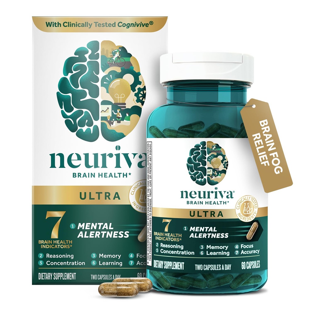 NEURIVA Ultra Decaffeind Clinically Tested Nootropic Brain Supplement for Mental Alertness, Memory, Focus & Concentration, Cognivive, Neurofactor, Phosphhatidylserine, Vitamin B6 B12, 60 Kapsułki