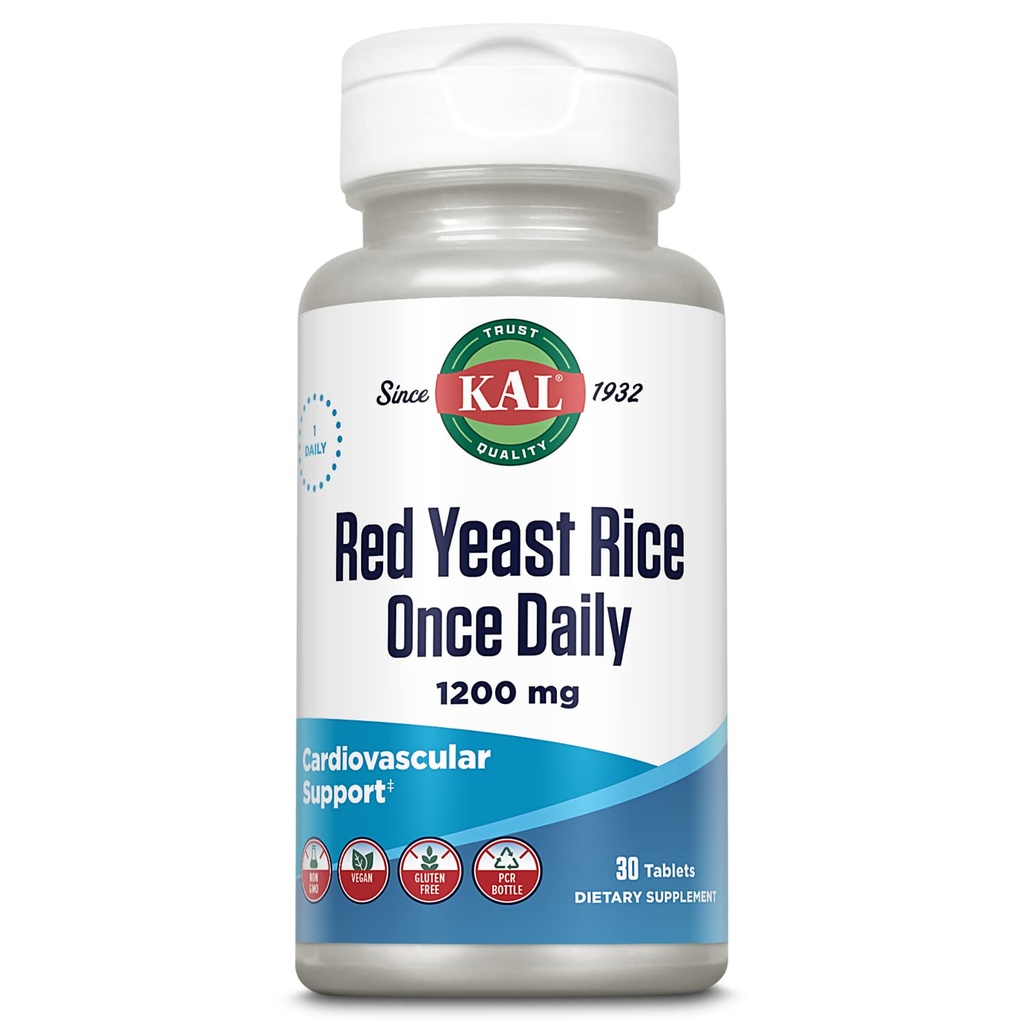 KAL Red Yeast Rice Once Daily 1200mg, wsparcie sercowo-naczyniowe * Suplement z naturalnie występującymi nienasyconymi kwasami tłuszczowymi, aminokwasami i fitonutrientami, Wegan, Gluten Free, 30 Servings, 30 Tablets