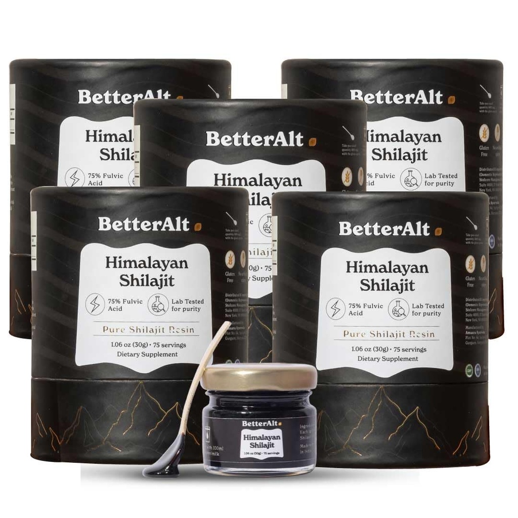 Better Alt Pure Himalayan Shilajit Resin Pack of 5 High Potency Gold Grade 375 Służenia dla Energy Boost & Wsparcie immunologiczne, 85 + Minerały śladowe, 75% + Kwas Fulvic, z laboratoryjnym raportem testowym, 400 mg