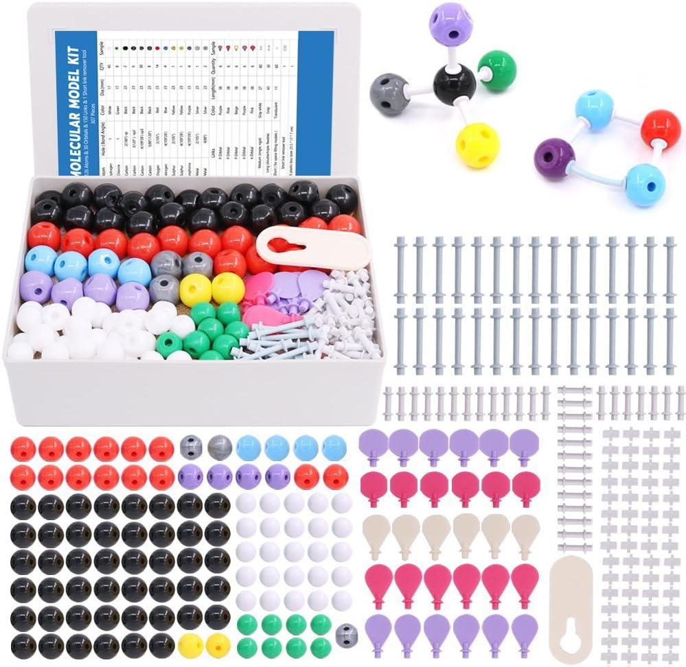 Swpeet 307 szt. Zestaw modeli molekularnych do chemii organicznej i nieorganicznej - Chemia Molekularna Model Student and Teacher Set - 126 Atoms & 30 Orbitals & 150 Links & 1 Krótkie narzędzie do usuwania połączeń