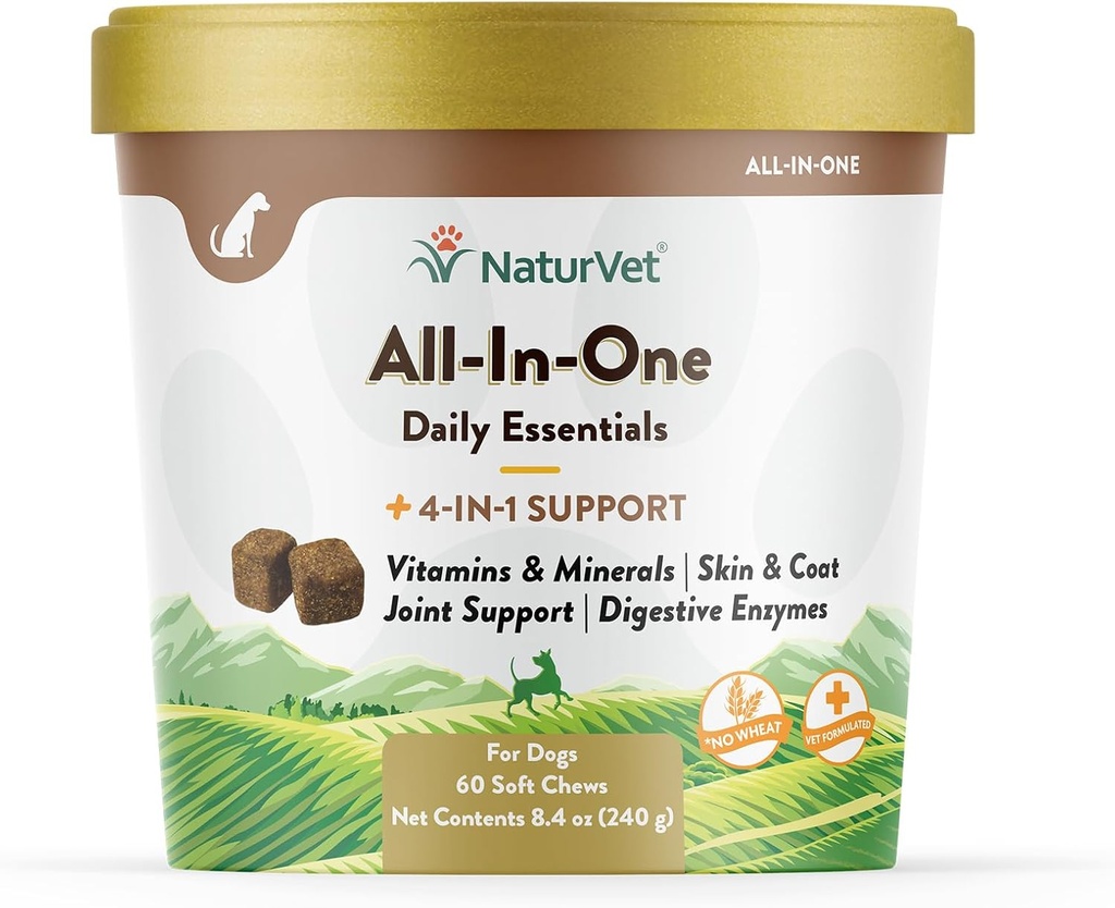 NaturVet All- in- One Dog Supplement - for Joint Support, trawienie, Skóra, Coat Care - Dog Multivitamin with Minerals, Omega-3, 6, 9 - Wheat- Free Vitamin for Dogs - 60 Soft Chews
