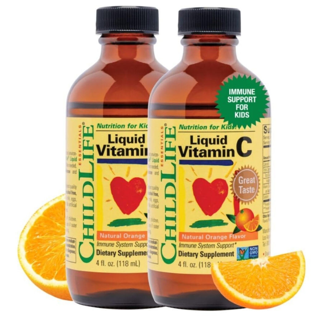 CHIDLIFE ESENTIALLE Płynna witamina C - Czysty suplement płynny witaminy C dla dzieci, Wsparcie układu immunologicznego, Naturalny aromat pomarańczowy, 4 Fl Oz (Opakowanie 2)