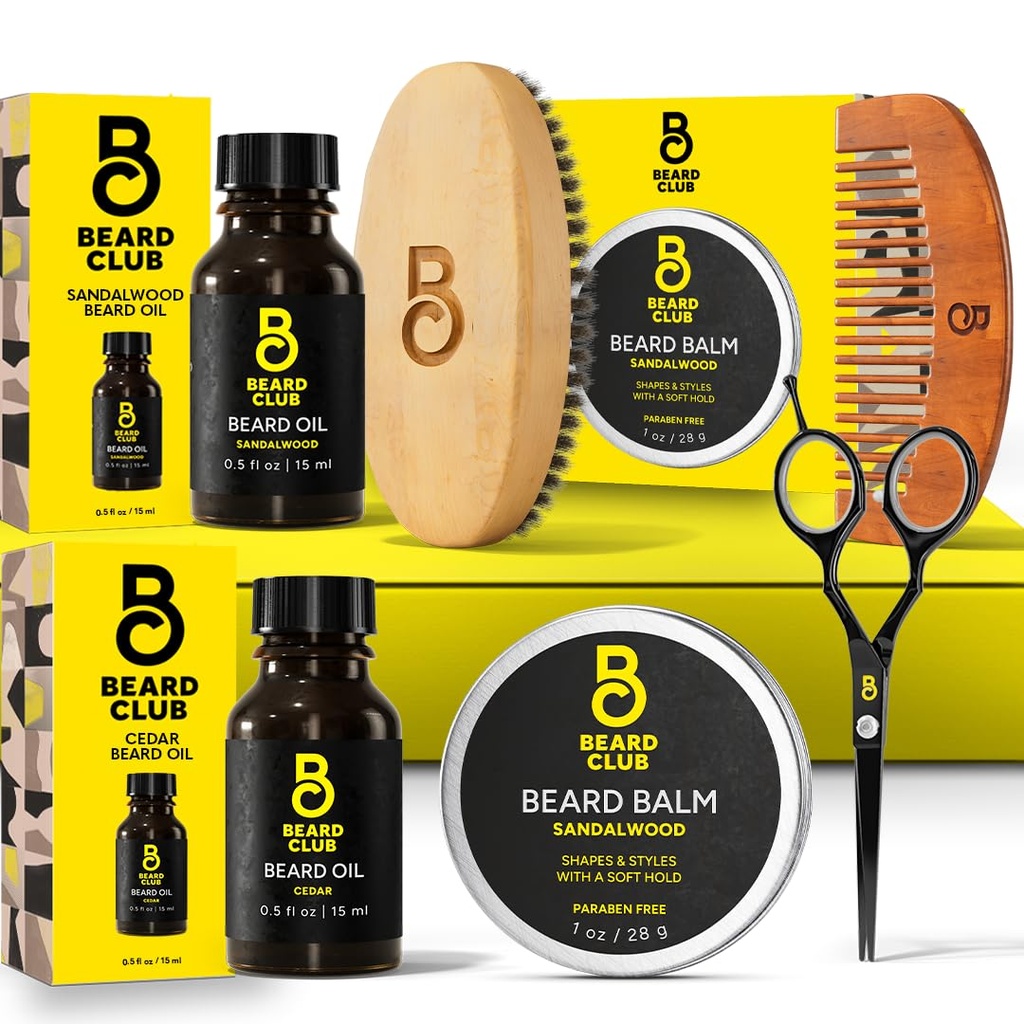The Beard Club Beard Kit for Men - Grooming & Care Kit - Cedar & Sandalwood Oil, Sandalwood Balm, Boar Bristle Brush, Comb, Trimming Scissors - Dad Gift Set