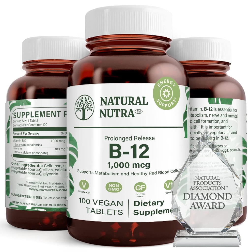 Naturalna Nutra Witamina B12 1000 µg, Promowanie Heart & Nerve Health, Suplement kobalaminy B12, Fosforan wapnia, Pomoc w Metabolizm zdrowia, Optymalna Absorpcja, Bez glutenu, Bez cukru, 100 Wegańskie tabletki