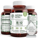 Naturalna Nutra Witamina B12 1000 µg, Promowanie Heart & Nerve Health, Suplement kobalaminy B12, Fosforan wapnia, Pomoc w Metabolizm zdrowia, Optymalna Absorpcja, Bez glutenu, Bez cukru, 100 Wegańskie tabletki