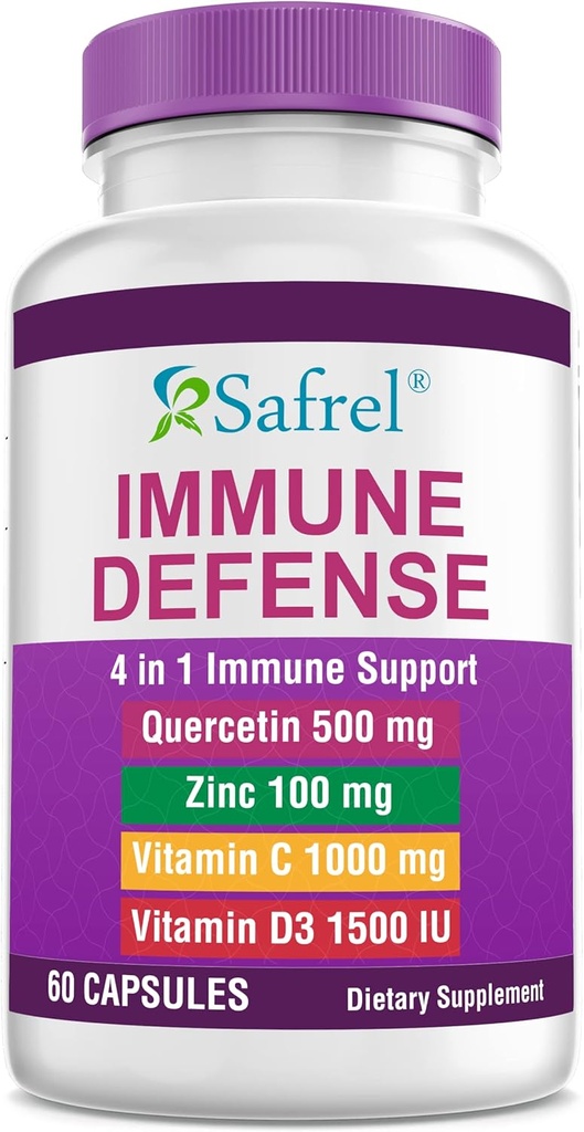 Safrel Silne wsparcie immunologiczne, Quercetin 500 mg, Pikolinat cynku 100 mg, WitamatiC 1000 mg, Witamina D3 1000 IU, 60 Kapsułki, 1 Miesiąc dostaw 124; Wyprodukowane w USA 124; Wegan