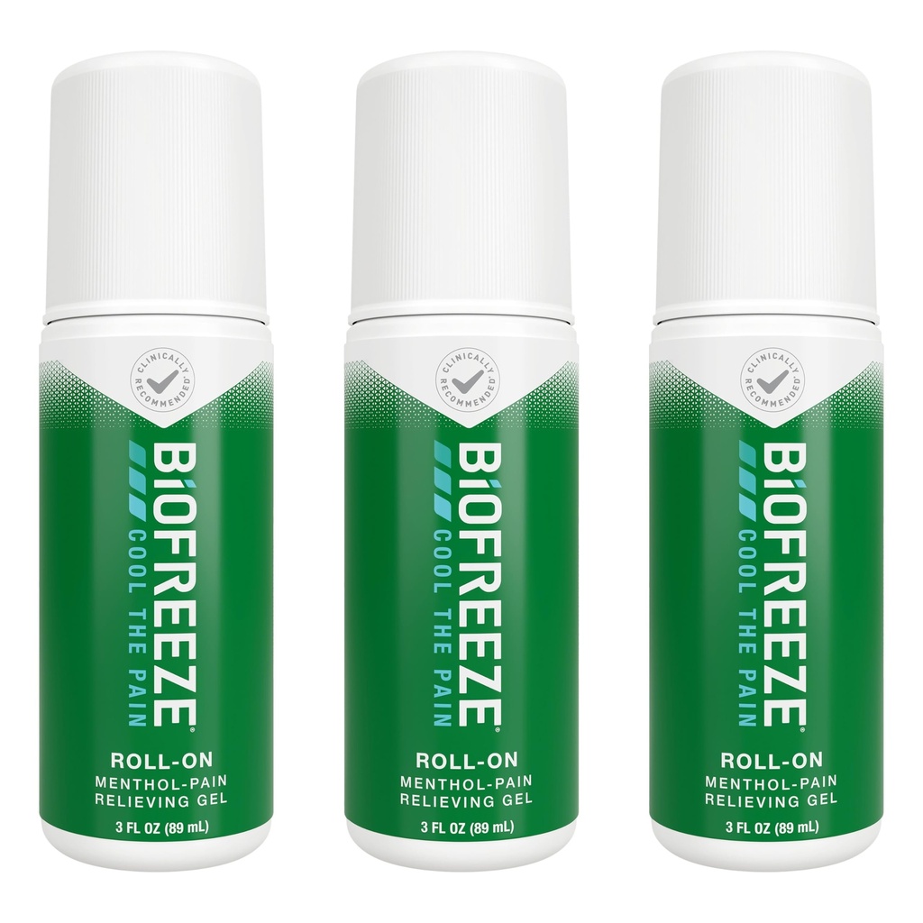 Biofreeze Roll on Pain Relief dla Kolana, Szyja, Hip, Joint, Ramię, & Prosty Backache, Zapalenie stawów Reliever ból, ból mięśni Relief, Roll On Menthol Gel 3 Fl Oz (Pack of 3)