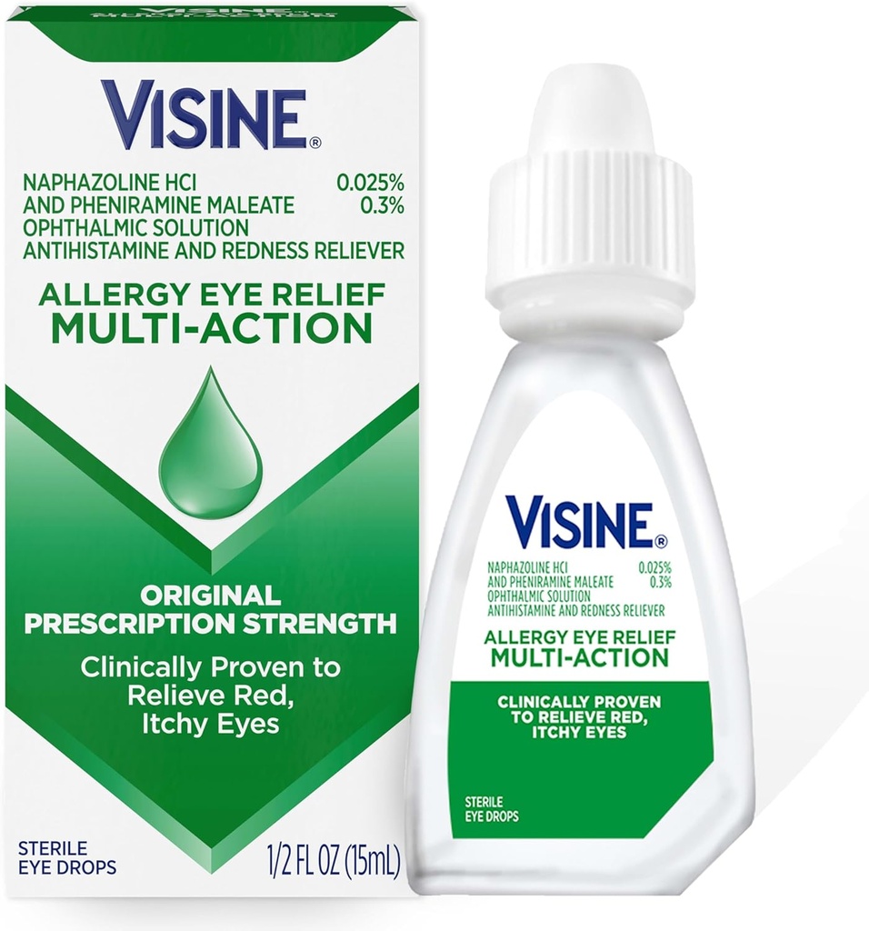 Visine Alergy Eye Relief Multi- Action Antihistamine & Resness Reliever Eye Drops with Feniramine Maleate & Naphazoline HCl, Allergy Eye Drop Treatment for Red, Itchy Eyes, 0.5 fl. oz