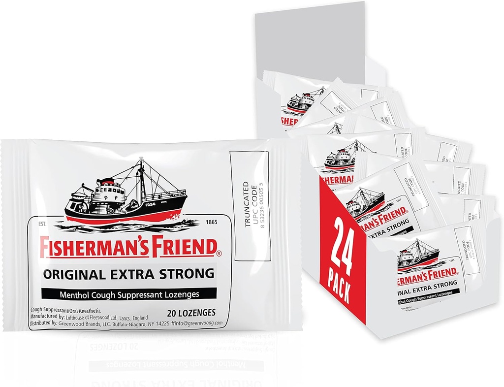 Fisherman 's Friend Cough Drops, Cough Suppressant and Sore Throat Lozenges, Original Extra Strong, 10 mg Menthol, 480 Drops (24 opakowania po 20)