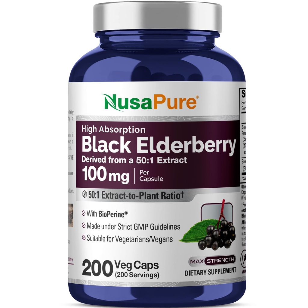 NusaPure Black Elderberry 50: 1 Extract, 100 mg ekwiwalent 5 000 mg na Veggie kapsułki, 200 Count (Non-GMO, Bioperine) Sambucus Supplement