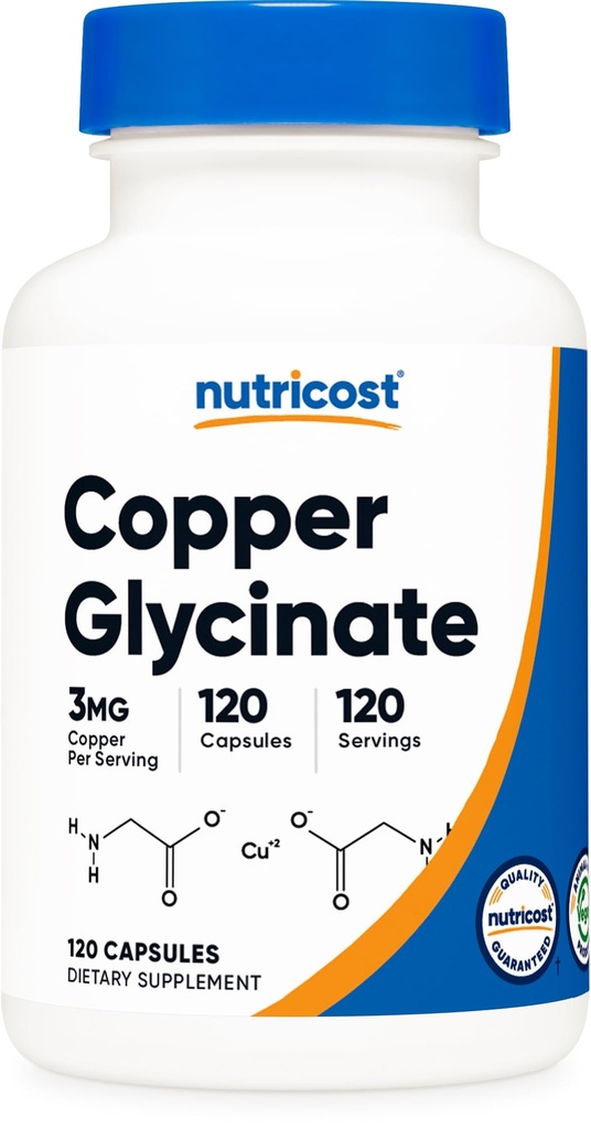 Kapsułki z glicynianu miedzi nutricost (120 Kapsułek, 3MG Copper Serving) - Nie GMO, Wegan