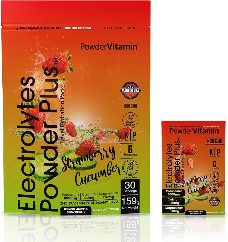 Powerwitaminy Electrolytes w proszku - Ogórki truskawkowe - Keto Electrolytes for Daily Energy - Proszek do nawadniania z 1000mg potasu, 120mg magnezu, Zero Kalorii - 30 Pakiety nawadniające