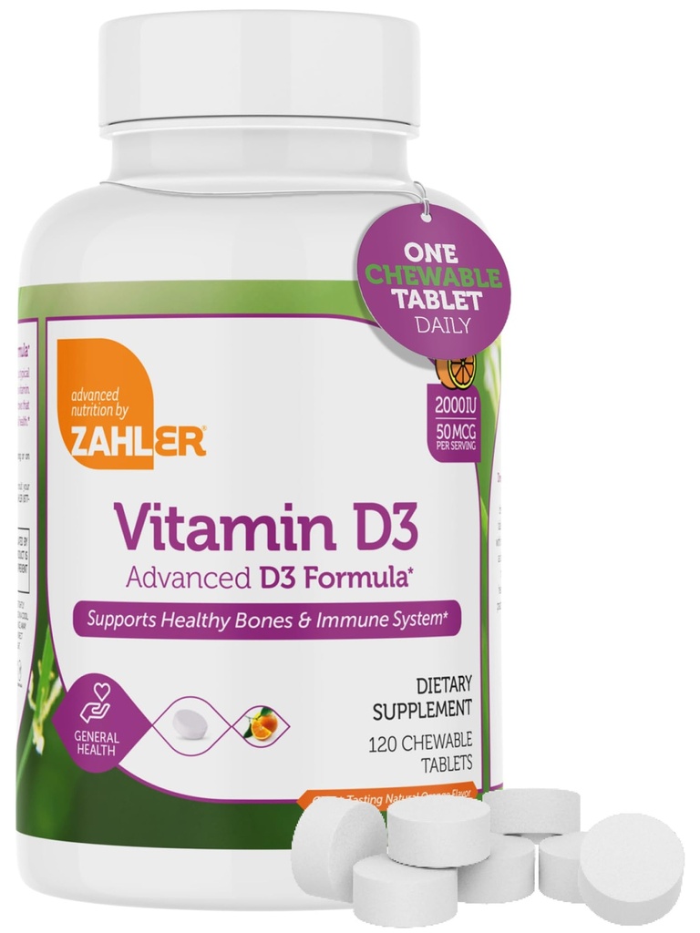 Zahler Witamina D3 CHEWABLE 2000IU, All- Natural Supplement ukierunkowane niedobory witaminy D, Certified Kosher, 120 Wielki Tasting Pomarańczowy aromat tabletki