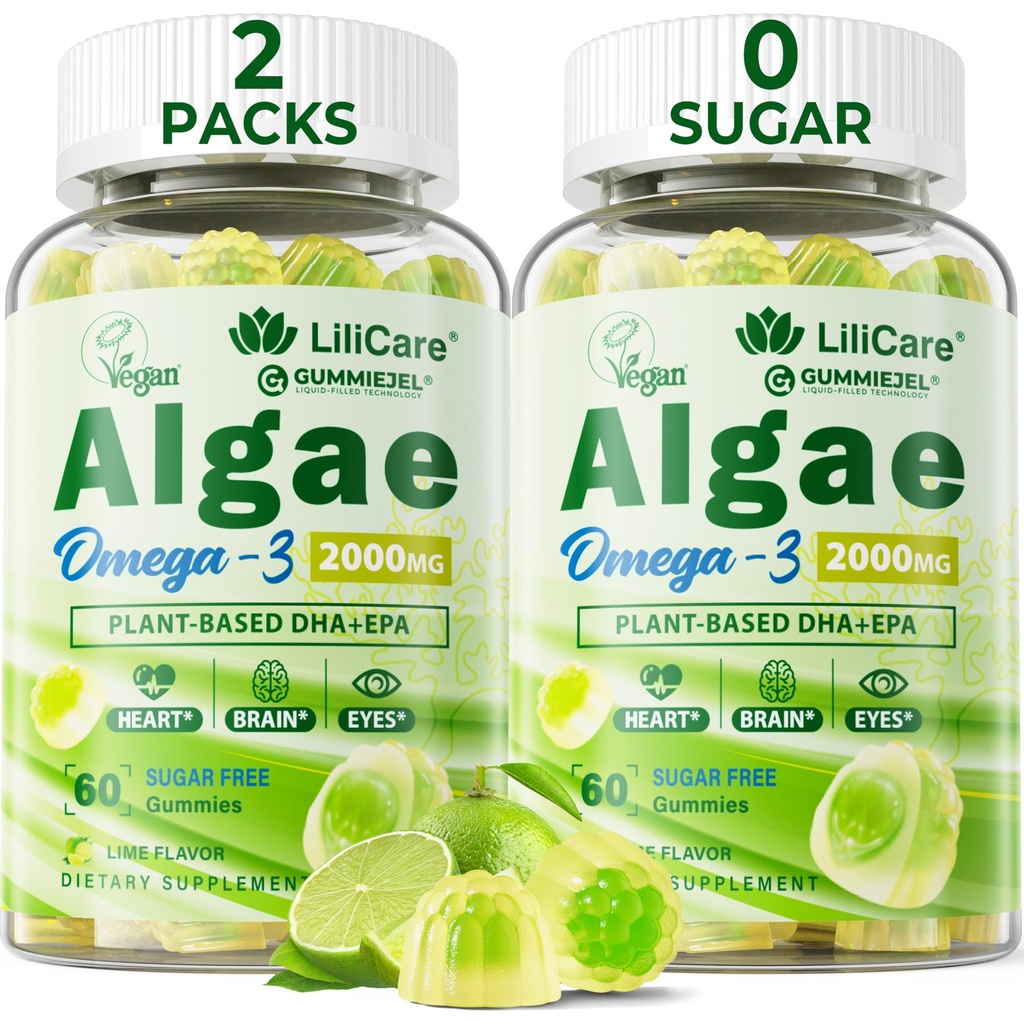 Omega 3 Gummies 2200mg z oleju Algae (DHA 640mg i EPA 290mg) dla kobiet i mężczyzn, Vegan Omega 3 Fish Oil Alternative, w / CoQ10, Astaksantyna, Witamina A, E, D3 for Brain, Eye, Przeciwutleniacz, Sugar Free 2Packs