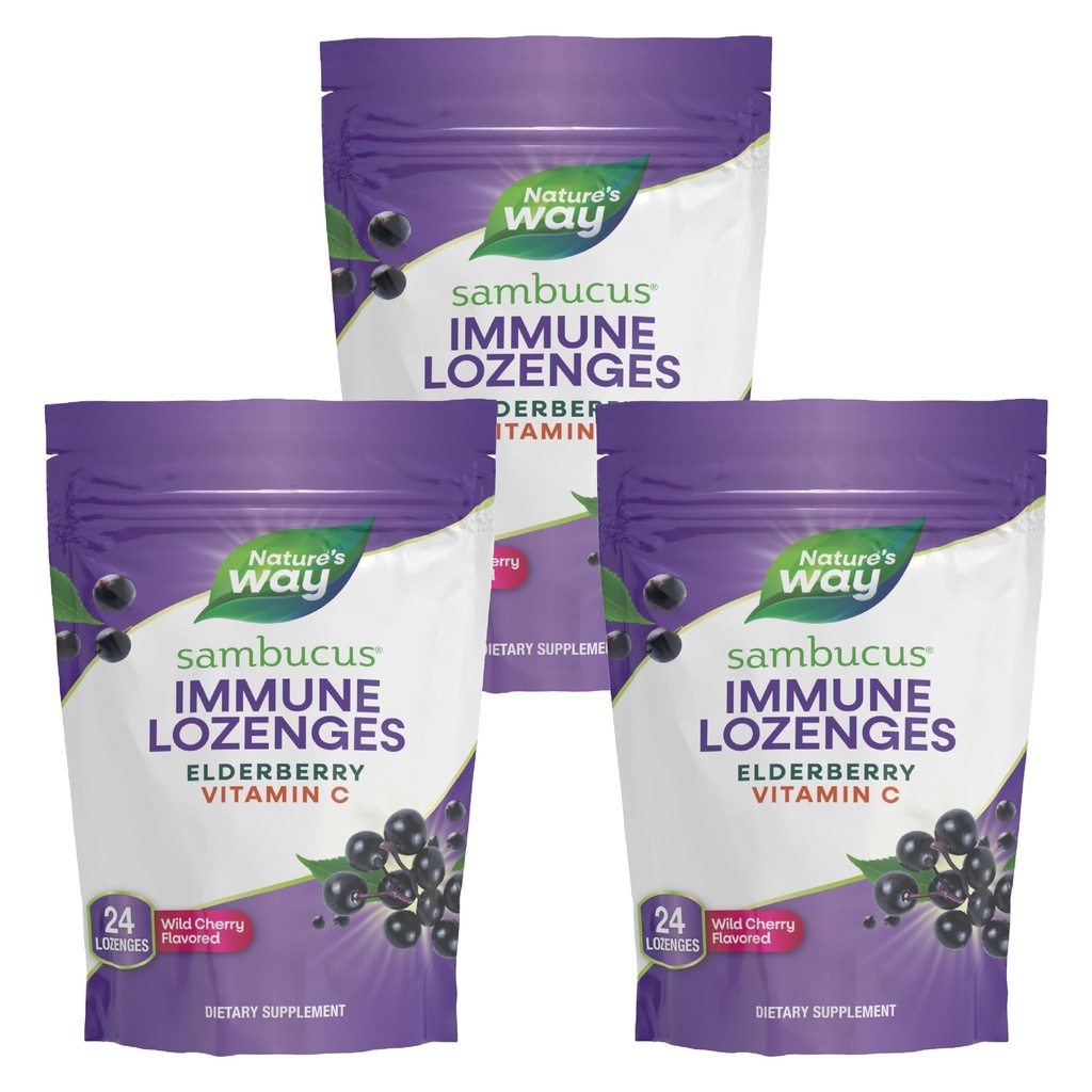 Nature 's Way Sambucus immunologiczne Lozenges, Witamina C o dużej mocy, Elderberry, Wild Cherry Flavored, 24 Lozenges (Opakowania maja Vary) - 3 opakowania