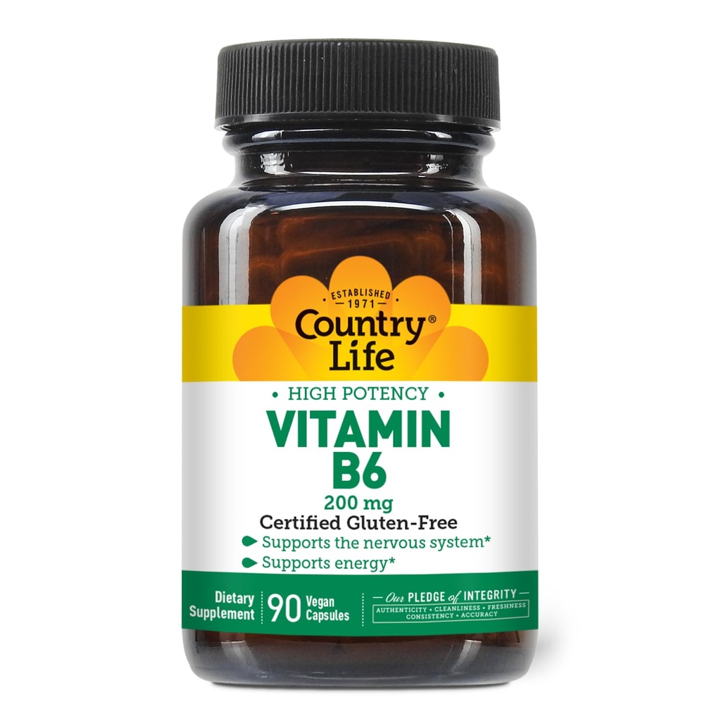 Country Life Witamina B- 6, Wysoka potencja, Wspomaga energię i układ nerwowy, 200mg, 90 Kapsułki wegańskie, Certified gluten Free, Certified Vegan, Certified Halal...