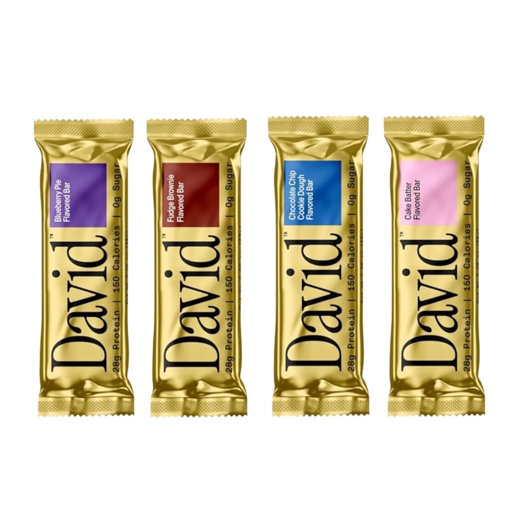 David, Protein Bar, Sample Pack, Variety Pack, Pack of 4 Protein Bars Xi124; 28g białka Xi124; 150 Calories Xi124; 0g cukru - Wysokie białko, niskie węglowodany, gluten Free Protein Bar