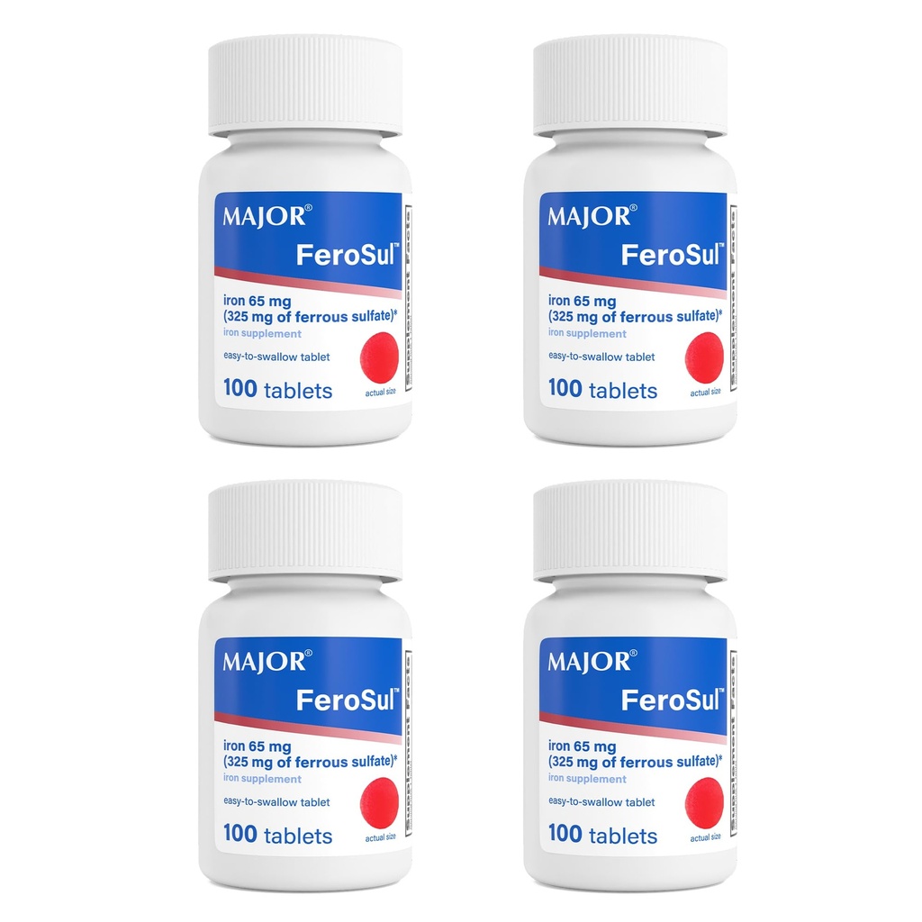 Major FeroSul - Żelaza siarczan 325 mg tabletki - Żelaza Suplement dla Kobiet i Mężczyzn - Specjalnie powlekane tabletki easy- to- Połknięcie - Czerwony - 100 Liczba (4 opakowania)