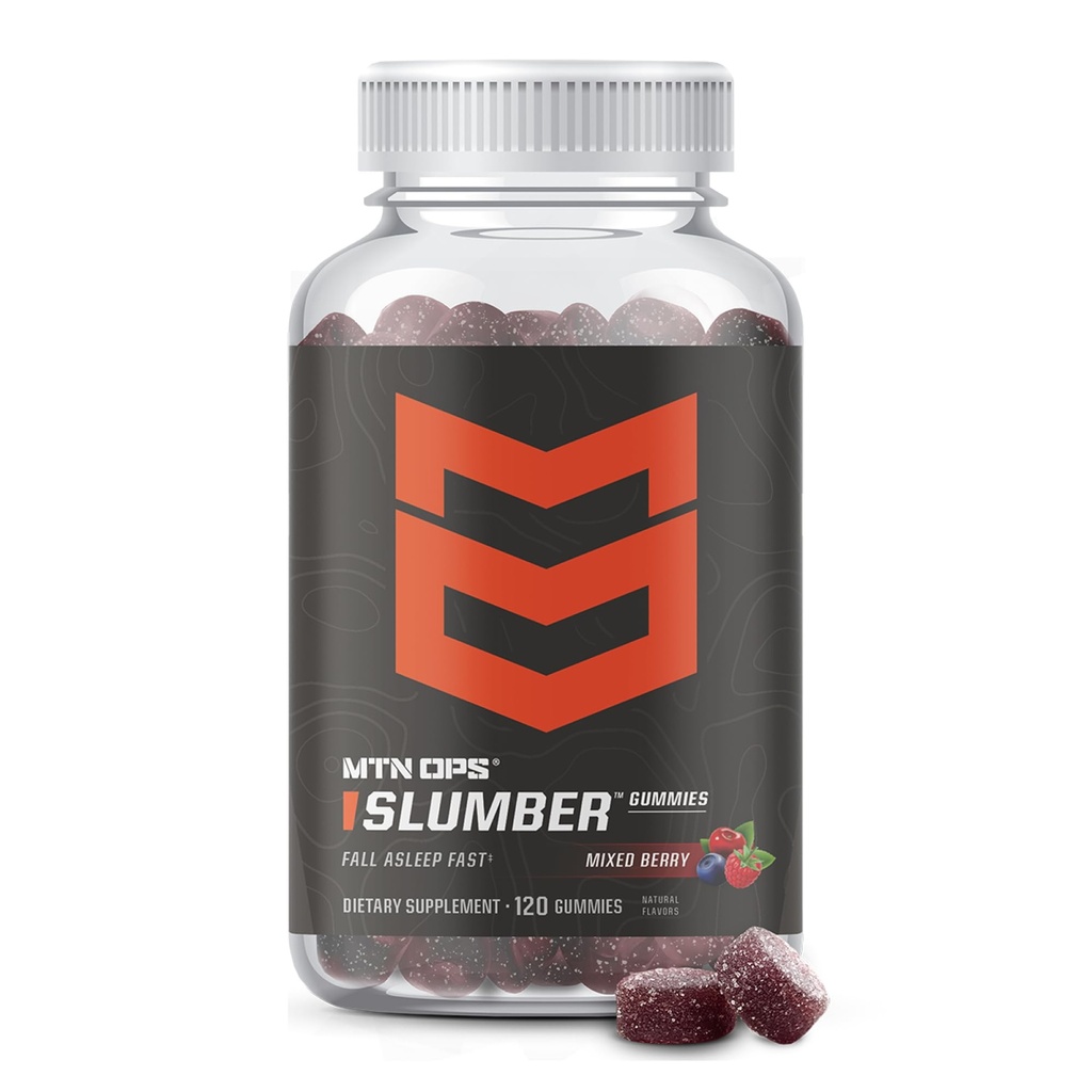 MTN OPS Slumber Sleep Gummies - 60 Służenia, Tart Cherry 1000mg, Melatonina 2,5 mg, Rumianek, Natural Flavors, Made in USA, Mieszane Berry, Nocny Sen Pomoc