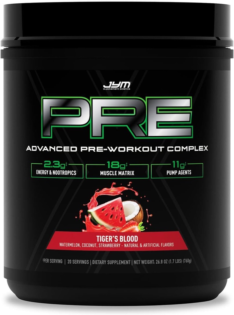 Pre JYM X Tiger 's Blood Advanced Pre- Workout Puder Massive Pomps, Citruline Nitrate, Dynamine, NO3T Betaine, BCAA' s, Nootropics, Kreatyna, Beta- Alanina, JYM Supplement Science, 20 Służenia